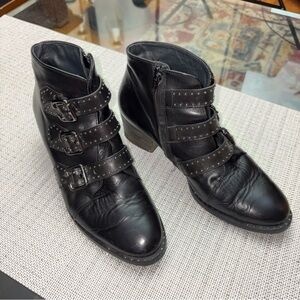 Paul Green Black leather Triple Buckle Ankle Boots , silver studs ,size5(7.5USA)